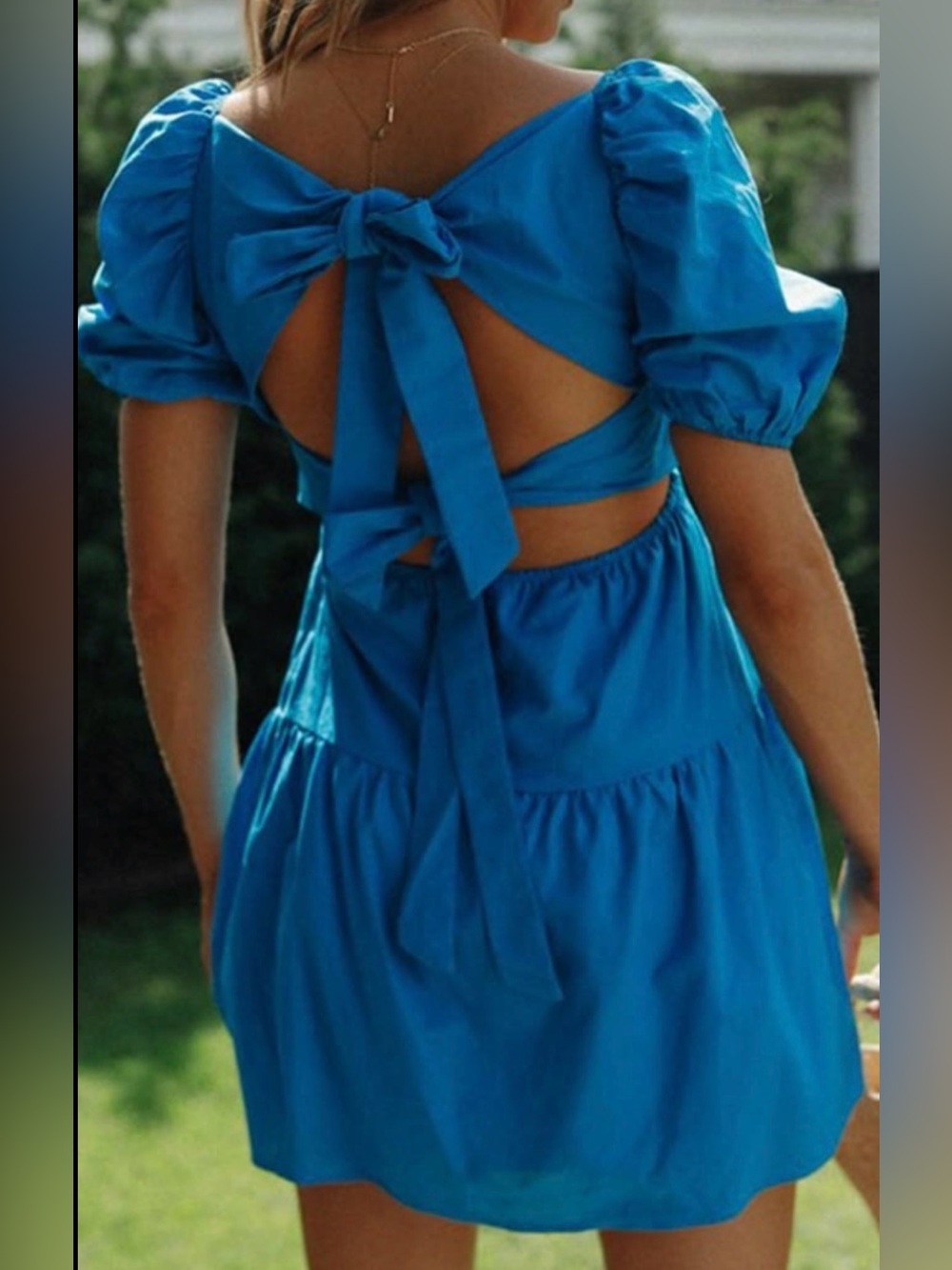 Hello Molly Blue Bow-Back Puff Sleeve Mini Dress
